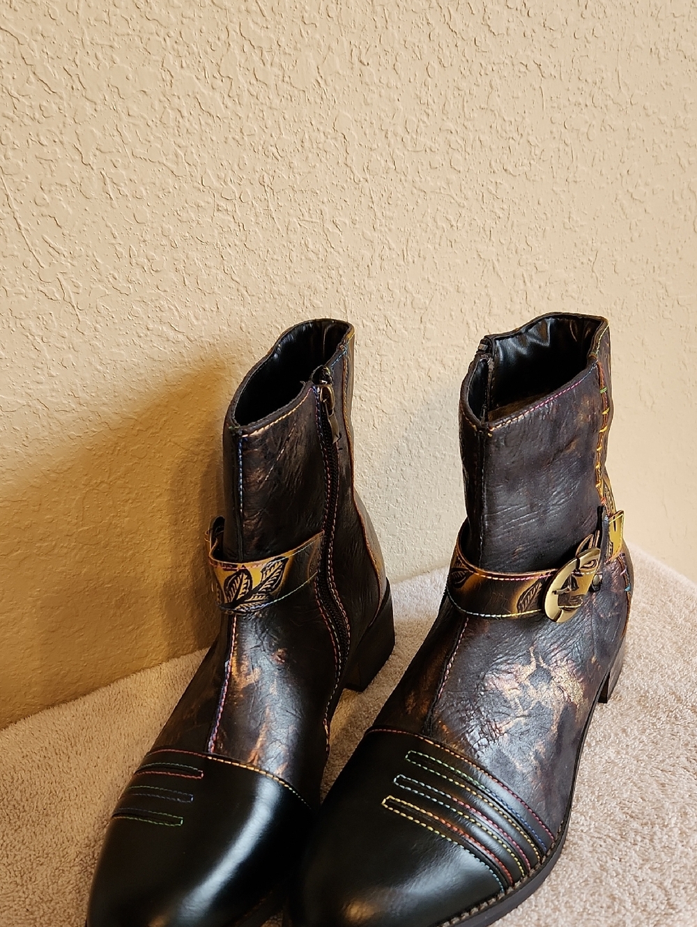 Metallic Brown/Black Faux- Leather Ankle Boots with Decorative Buckle